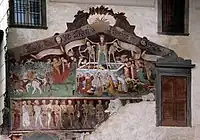 クルゾーネ、サンタ・アスンタ聖堂付属ディシプリーニ礼拝堂壁画(1485年頃)上段に死の勝利、下段に死の舞踏が同居した作例