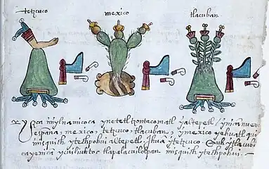 オスナ絵文書(英語版)の中の挿絵。左からテスココ、メシコ(テノチティトラン)、トラコパン
