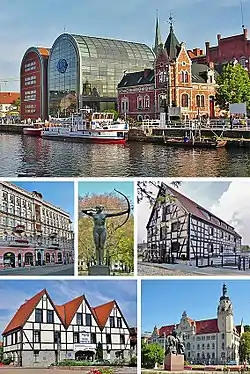From upper left: The Brda river, The Eagle Hotel, "The Archeress" statue, Two examples of traditional architecture, Courts of Justice