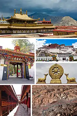 時計回りに上から: トゥルナン寺、ポタラ宮、トゥルナン寺の法輪、ラサ市の衛星写真、トゥルナン寺のマニ車、ノルブリンカ