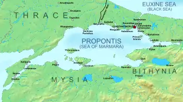 マルマラ海とその海岸、周辺の主な集落を示す地図