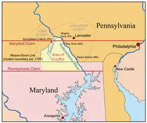 メリーランド・ペンシルベニア境界紛争、 the conflict occurred in the Conejohela Valley with the northern apex just north of the mid-river Coejohela Flats islands, south of Wrightsville, Pennsylvania, which are now inundated after the Safe Harbor Dam flooded the upper Coejoheala under Lake Clarke.