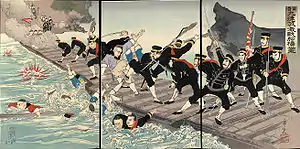 日清戦争（鴨緑江作戦）における軍旗。このように軍旗は青年将校が奉じた（福島年光画）