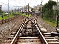 外方分岐(画像左方の本線が基本線、小田急電鉄新松田駅)