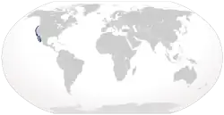 Map of the world with a blue outline along the Pacific coast of North America from Oregon, USA to the Baja peninsula