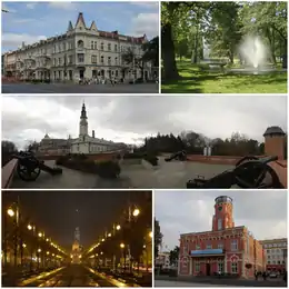 Częstochowa tourist's attractions, Top left: eclectic Kamienica Kupiecka (1894 - 1907), Top right: Fountain at Stanisław Staszic Park, Middle: View of May Third Park and Jasna Góra Monastery, Bottom left: View of Holy Virgin Mary Avenue and Jasna Góra, Bottom right: Częstochowa City Hall
