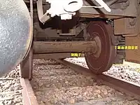 DT31B形台車逆転機未装着側以下の特徴*ブレーキてこ無し*レールからのクリアランス大*輪心部ディスクローター*小径車軸