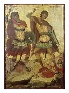 ミハイル・ダマスケノス(英語版)が描いたドラゴンを殺す聖ゲオルギオスとローマ皇帝ユリアヌスを殺す聖メルクリウス(英語版)(16世紀)