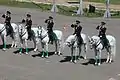 騎乗したまま敬礼するモスクワ警察の騎馬隊