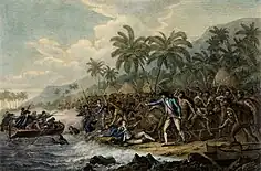 ジョン・ウェバーの原画による版画「ジェームズ・クック船長の死」（1784）