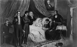 A black and white print of a group of people, some crying, surrounding a man lying in a bed with his eyes closed