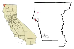 カリフォルニア州におけるデルノルト郡(左図)およびクレセントシティの位置の位置図