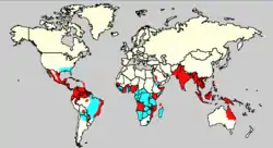 ネッタイシマカの生息域とデング熱の流行地域を示した世界地図