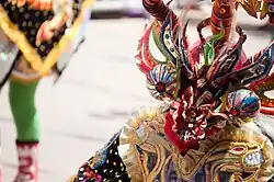 A Diablada dancer wearing a devil mask
