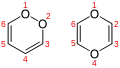 異性体の1,2-ジオキシン (左)と1,4-ジオキシン (右)