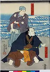 『月梅摂景清』　右から四代目中村歌右衛門の悪七兵衛景清後に日向勾当、二代目尾上菊次郎の飾間の賎の女おのぶ実は景清娘人丸、二代目市川九蔵の室の津肝煎佐次太夫、三代目尾上新七の船番匠新七郎実は天野四郎常長。弘化5年正月、江戸中村座。歌川国芳画。