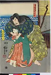 『月梅摂景清』　右から四代目中村歌右衛門の悪七兵衛景清後に日向勾当、二代目尾上菊次郎の飾間の賎の女おのぶ実は景清娘人丸、二代目市川九蔵の室の津肝煎佐次太夫、三代目尾上新七の船番匠新七郎実は天野四郎常長。弘化5年正月、江戸中村座。歌川国芳画。
