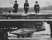 ディズニーボムと共に写されたマレー少佐、エドワード・テレル、空軍兵装士官（上）。ボーイング B-17 フライングフォートレスに懸架されるディズニーボム（下）。