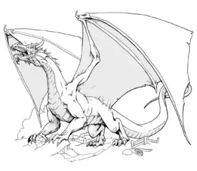 テーブルトークRPGの金字塔『ダンジョンズ&ドラゴンズ』に登場するドラゴン(en:Dragon (Dungeons & Dragons))は象徴的キャラクターへと昇華した。「オリジナル・ダンジョンズ&ドラゴンズ "ホワイトボックス"セット」(1974年発売)より。