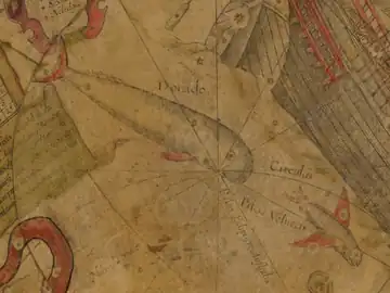1603年作の天球儀に描かれた Dorado。Piscis Volucris（とびうお座）を追うシイラの姿が写実的に描かれている。