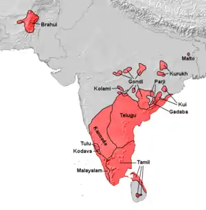 ドラビダ語族の使用地域(赤色)。地図左上がブラーフーイー語。