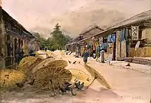 『雨後の傘干し』 アルフレッド・イースト 1889年頃 紙に水彩
