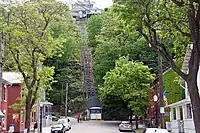 4thストリート左: ダウンタウンの4thストリートには各種ショップが建ち並んでいる。右: 西の行き止まりには4thストリート・エレベーターというケーブルカーの駅があり、ここから丘の上に登れる。丘の上は展望台になっている。
