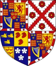 Quarterly: 1st and 4th grand quarters, the Royal Arms of Charles II (viz. quarterly: 1st and 4th, France and England quarterly; 2nd, Scotland; 3rd, Ireland); the whole within a bordure company argent charged with roses gules barbed and seeded proper and the last; overall an escutcheon gules charged with three buckles or (the Dukedom of Aubigny); 2nd grand quarter, argent a saltire engrailed gules between four roses of the second barbed and seeded proper (Lennox); 3rd grand quarter, quarterly, 1st, azure three boars' heads couped or (Gordon); 2nd, or three lions' heads erased gules (Badenoch); 3rd, or three crescents within a double tressure flory counter-flory gules (Seton); 4th, azure three cinquefoils argent (Fraser).