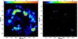 MERLIN（左）とe-VLBI（右）で観測した、わし座V1302星周囲のOHメーザーの画像。出典: Joint Institute for VLBI in Europa (JIVE)