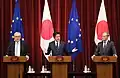 2018年日EU定期首脳協議の記者会見の様子（東京）
