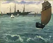 マネが1864年に描いたブローニュ＝シュル＝メールに停泊するキアサージ号、メトロポリタン美術館蔵