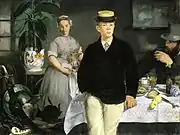 マネ『アトリエでの昼食（英語版）』1868年。油彩、キャンバス、118 × 153.9 cm。ノイエ・ピナコテーク。