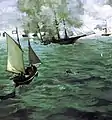 マネ『キアサージ号とアラバマ号の海戦』1864年。油彩、キャンバス、137.8 × 128.9 cm。フィラデルフィア美術館。