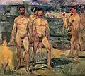 『水浴する男たち』1907年。油彩、キャンバス、206 × 227 cm。アテネウム美術館（ヘルシンキ）。三幅対（トリプティーク）の中央部分。