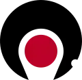 鹿児島県章。薩摩半島と大隅半島が図案化されており、中央の赤い丸が桜島を表している。