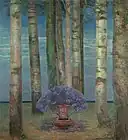 Wysteria fountain and poplar trees
