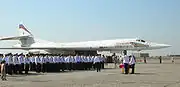 文字と図形による装飾の例。ロシア空軍のTu-160で、「ヴァシーリイ・レシェートニコフ」という俳優の名が書かれている。尾翼にも国旗色のデザインが見られる