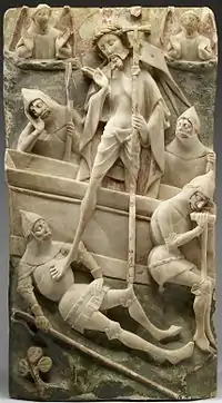 祭壇パネルの一部にある『キリストの復活』1450-1490年。彩色跡のある英国彫刻 (Nottingham alabaster)