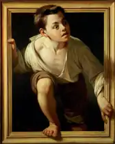 額縁まで手描きし、人物が絵の中から飛び出してくるように見える。「非難からの逃走」 Pere Borrell del Caso,1874年