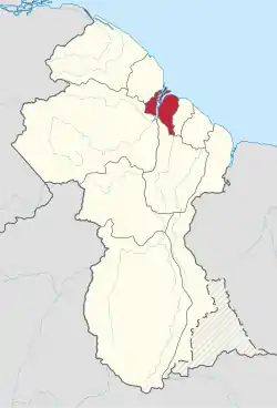 Map of Guyana showing Essequibo Islands-West Demerara region