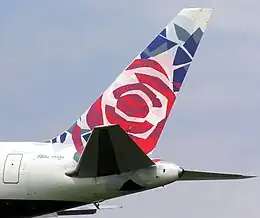 ブリティッシュ・エアウェイズの 767-300 の尾部を機体左側から見たところ。写真向かって左が前方。胴体下面から斜めに突き出たテールスキッドが見える。胴体後端の円筒状のものはAPU（補助動力装置）の排気口。