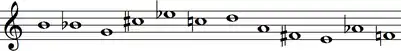 B, Bb, G, C#, Eb, C, D, A, F#, E, Ab, F