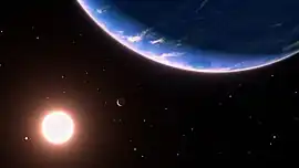 GJ 9827 とその周囲を公転している惑星の想像図。左下に主星 GJ 9827、右上に大きく GJ 9827 d が描かれている。提供: NASA, ESA, Leah Hustak and Ralf Crawford (STScI)