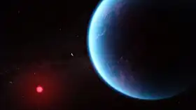 K2-18bの想像図。奥には主星K2-18と、K2-18を公転する別の惑星K2-18cも描かれている。提供: NASA, ESA, CSA, Joseph Olmsted (STScI)