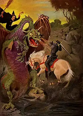 欧米におけるドラゴンのイメージの一例。鼻から火を噴いている様子や、騎士に退治されようとしているところは典型であるが、背中に魔女が乗っているには異例。この画像は、アメリカのイラストレーター、ジュームズ・アレン・セント=ジョン(en:J. Allen St. John)が、1905年刊行の自著"The Face in the Pool: A Faerie Tale"のために描いた扉絵である。