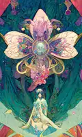 ソフトウェアが作成したアール・ヌーヴォー調の花の下に座る女性の画像