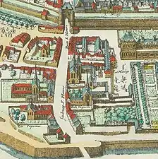 Détail du plan de Paris par Mérian (1615) montrant le faubourg au delà de la seconde porte Saint-Honoré. (1615年のサントノレ門（ルイ13世の城壁 (fr)時代）と門外のフォーブール＝サントノレ)