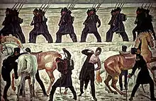 1813年解放戦争へ出征するイェーナの大学生。リュッツォウ義勇軍の服に着替えている