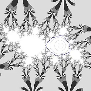 a
=
15
−
15
i
{\displaystyle a=15-15i}
および黄金比
λ
{\displaystyle \lambda }
に対する
B
(
z
)
=
λ
a
(
e
z
/
a
(
z
+
1
−
a
)
+
a
−
1
)
{\displaystyle B(z)=\lambda a(e^{z/a}(z+1-a)+a-1)}
のジュリア集合。ジーゲル円板の内側のいくつかの点の軌道が強調されている。