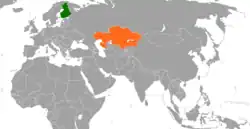 FinlandとKazakhstanの位置を示した地図